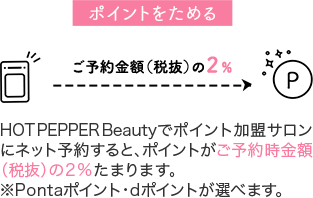 ポイントをためる　HOT PEPPER Beautyでポイント加盟サロンにネット予約すると、ポイントがご予約時金額（税抜）の2%たまります。※Pontaポイント・dポイントが選べます。